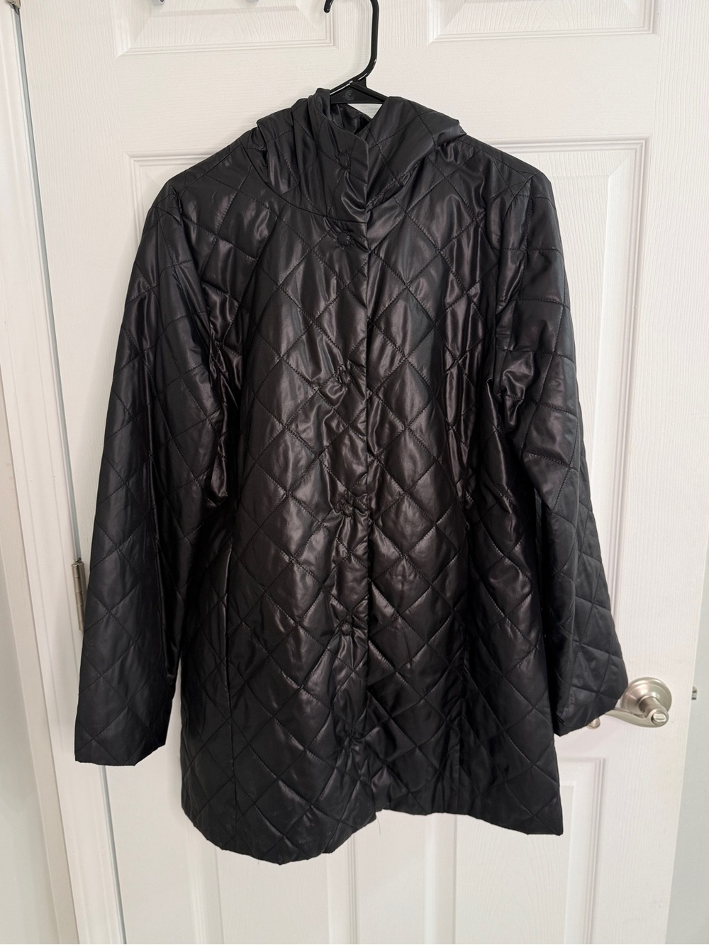 Eileen Fisher Women’s M Black Quilted Hooded Long Coat Jacket Lightweight
